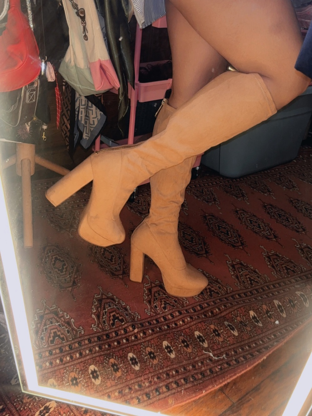 Suede Tan Over-the-Knee Platform Zip-up Block Heel Boots